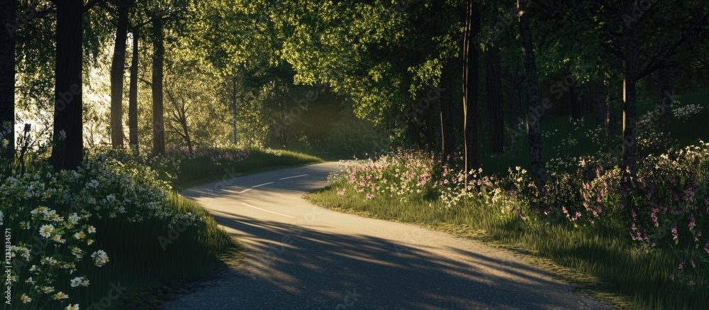 Obraz premium Sunlit Winding Road Through Lush Green Forest with Wildflowers and Trees