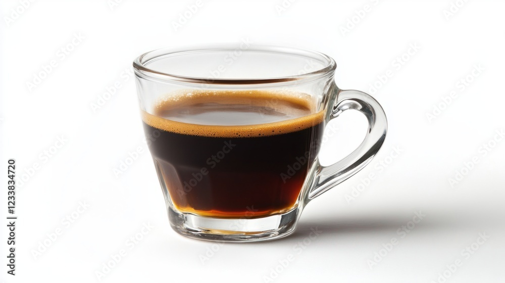 A glass cup of americano with deep brown tones, isolated on a plain white background A glass cup of americano with deep brown tones, isolated on a plain white background