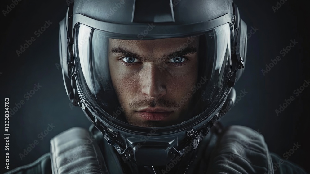 Confident man in aerodynamic flight helmet and jacket with piercing blue eyes and raised visor against dark background with copy space Confident man in aerodynamic flight helmet and jacket with piercing blue eyes and raised visor against dark background with copy space