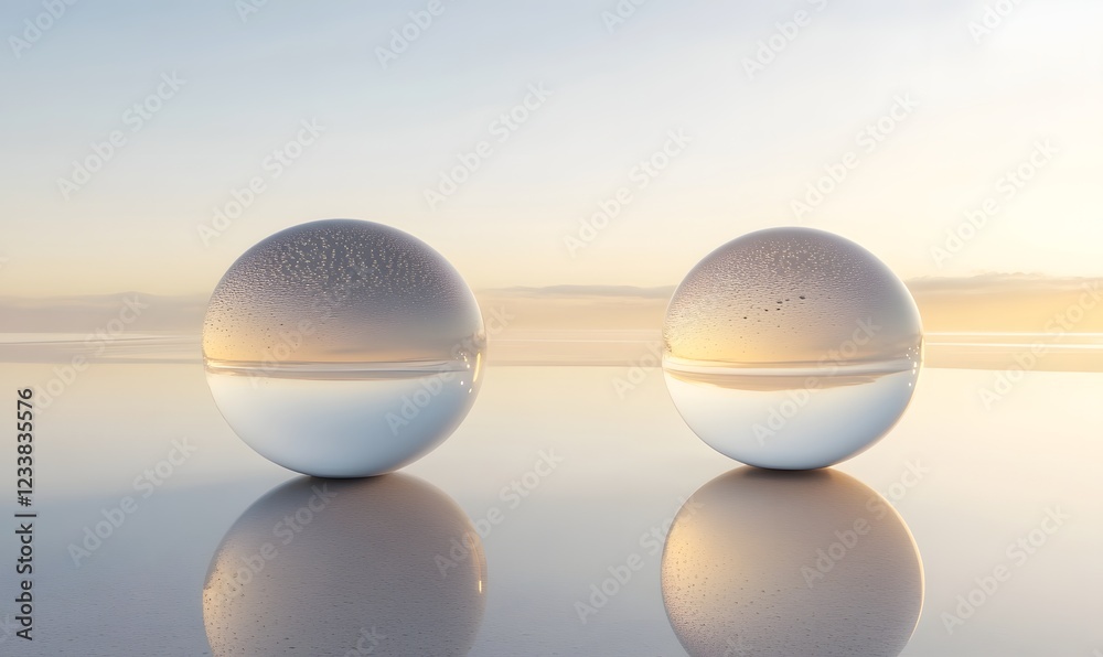 Two glass spheres reflecting sunset over calm water. Use website background Two glass spheres reflecting sunset over calm water. Use website background