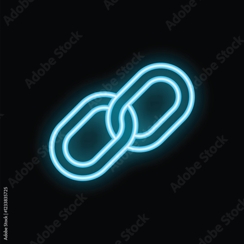 Neon sign representing two chain links glowing blue on a black background