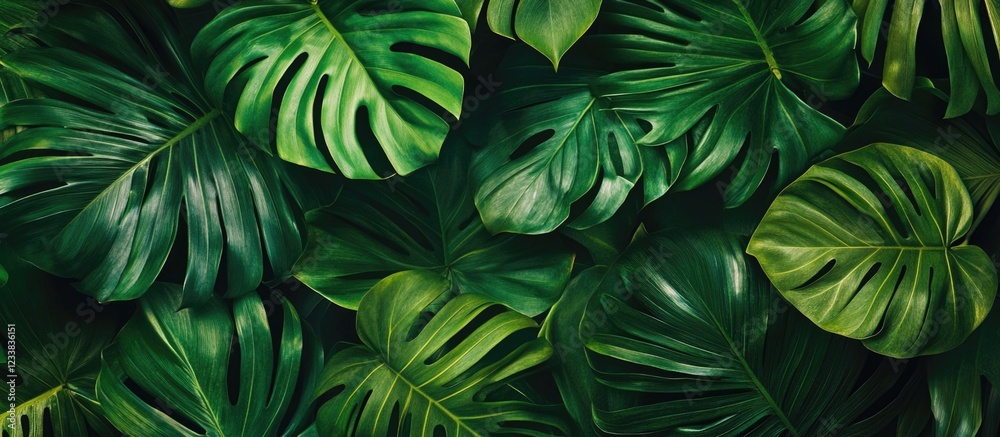 Monstera and Tropical Foliage Background with Dense Green Leaves and Light Contrast