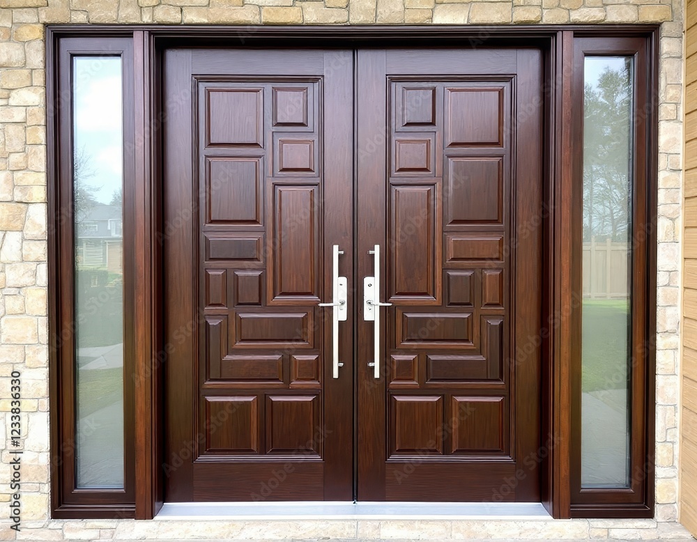 Elegant Geometric Wooden Double Doors with Sidelights and Stone Facade