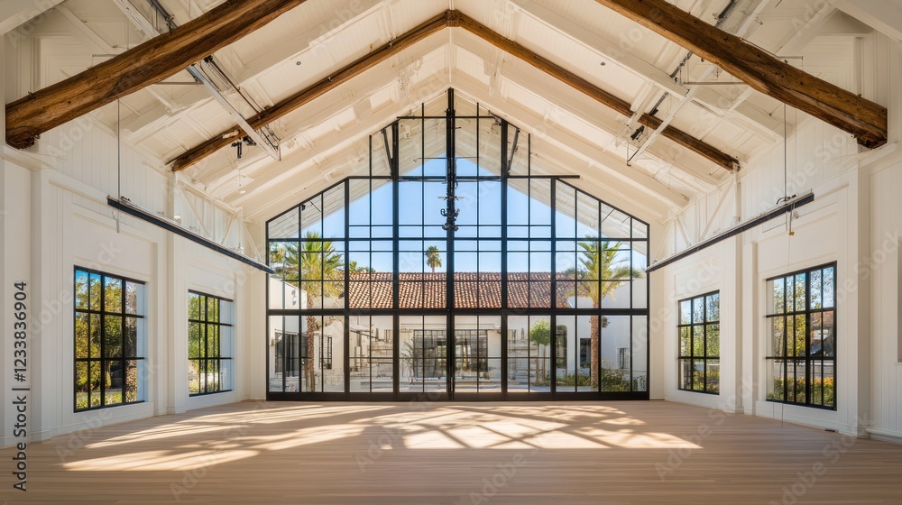 Sunlit Modern Warehouse Interior with Large Windows and Exposed Beams Sunlit Modern Warehouse Interior with Large Windows and Exposed Beams