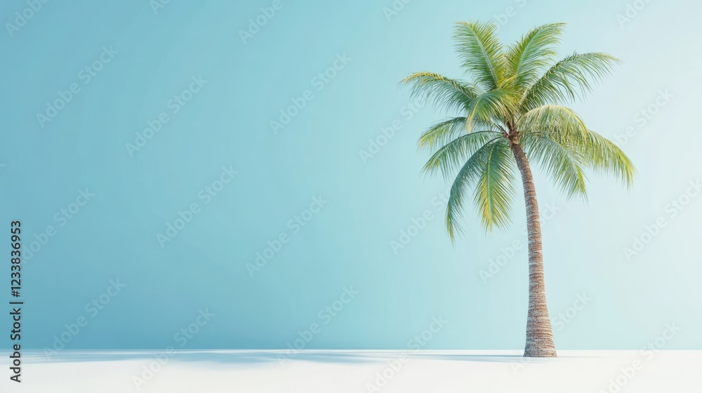 Obraz premium Lone coconut tree on a serene blue background with ample copyspace for text and commercial use, evoking tropical vibes and tranquility
