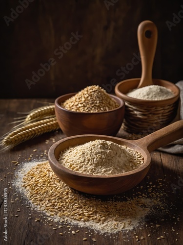 Fresh wheat flour paired with wheat starch and whole grains, showcasing the natural ingredients that form the foundation of wholesome, traditional cooking. photo