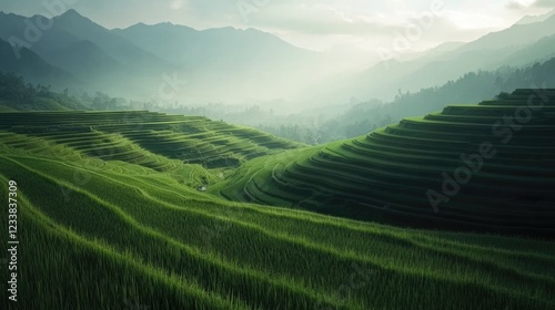Lush rice field with tall grass and empty copyspace for text surrounded by misty mountains in a peaceful rural landscape