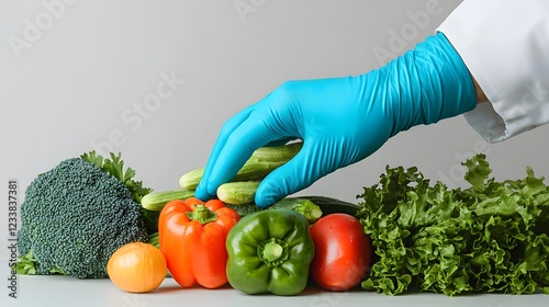 A gloved hand selects fresh vegetables, including broccoli, peppers, lettuce, and cucumbers, highlighting healthy food choices.