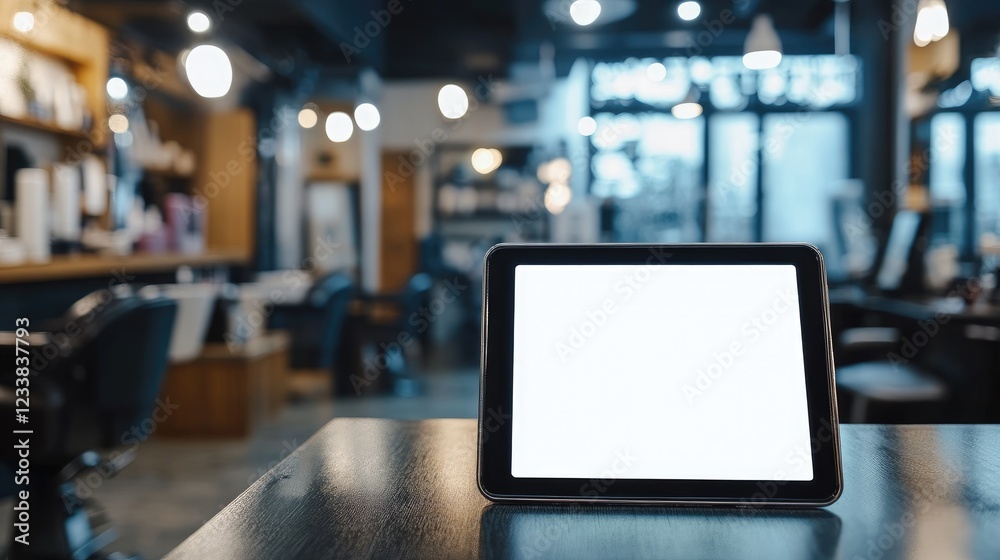 Tablet on a wooden table with blank screen in modern beauty salon interior with chairs and soft lighting creating a serene atmosphere Tablet on a wooden table with blank screen in modern beauty salon interior with chairs and soft lighting creating a serene atmosphere