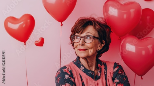 Lovely grandmother in a romantic outfit, standing against a pink background with red heart balloons. photo