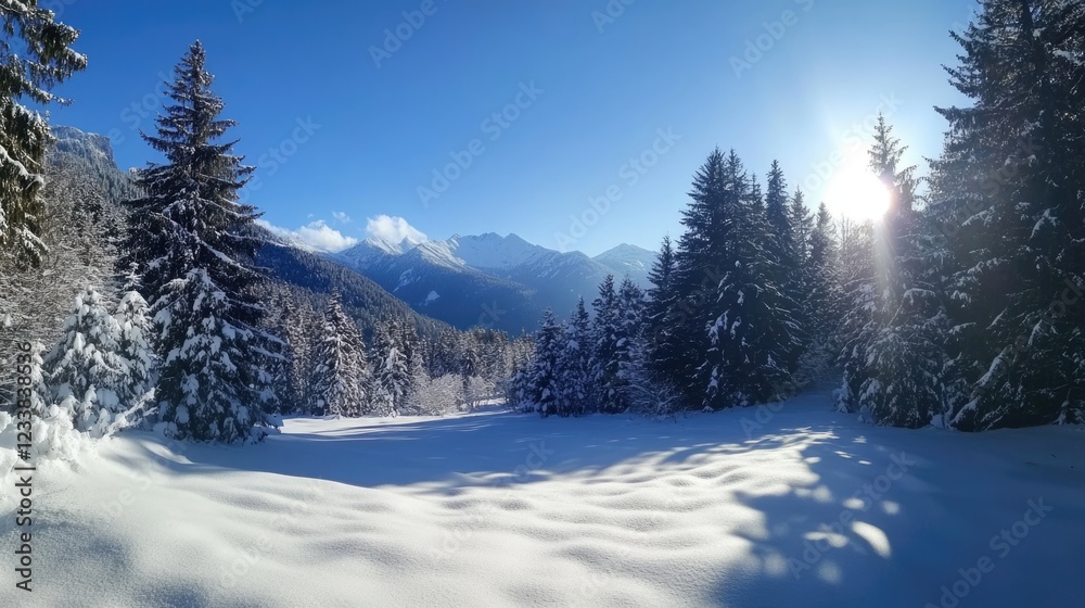 Fototapeta premium Winter Forest Landscape with Snow-Covered Fir Trees Bright Sunlight and Blue Sky Surrounded by Mountains Ideal for Text Addition