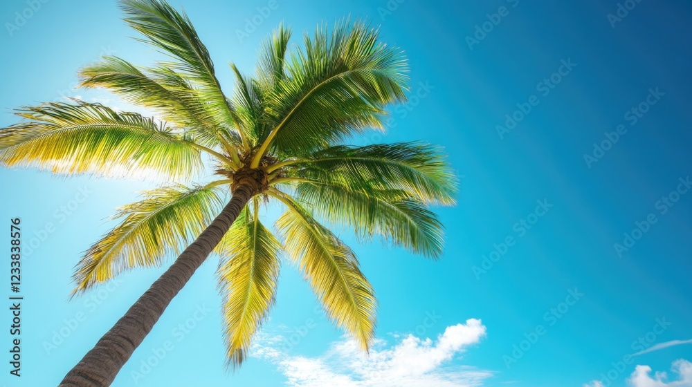 Obraz premium Lush palm tree under clear blue sky with ample negative space for text placement in tropical setting