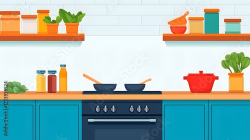 A colorful, modern kitchen scene featuring pots, pans, and various ingredients on shelves, showcasing a vibrant and inviting cooking space.