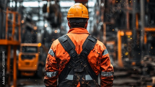 A lone worker, clad in soiled orange work overalls and a hard hat, stands with his back to the camera, silhouetted against a blurred background of heavy industrial machinery and activity