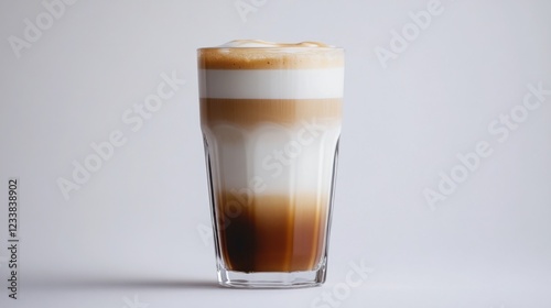 A latte served in a tall glass with visible milk and coffee layers, beautifully set on white