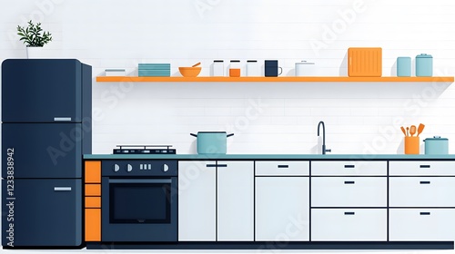 A modern kitchen featuring a navy blue refrigerator, white cabinets, and orange accents, complete with a stove, sink, and decorative items.