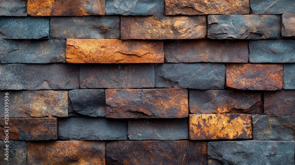 Top View of Textured Geometric Brown and Blue Stone Wall with Natural Color Variations and Patterns Top View of Textured Geometric Brown and Blue Stone Wall with Natural Color Variations and Patterns