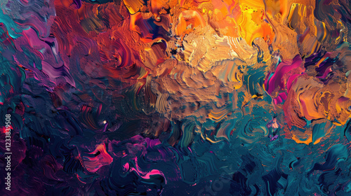 Abstract colorful oil painting with vibrant brushstrokes mixing warm and cool tones, perfect for art, design or creative projects that require a dynamic and expressive background.