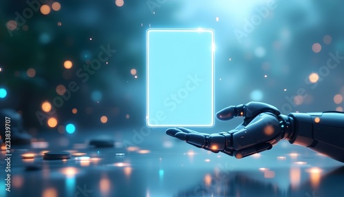 A futuristic robot hand delicately holding a glowing holographic display in the air