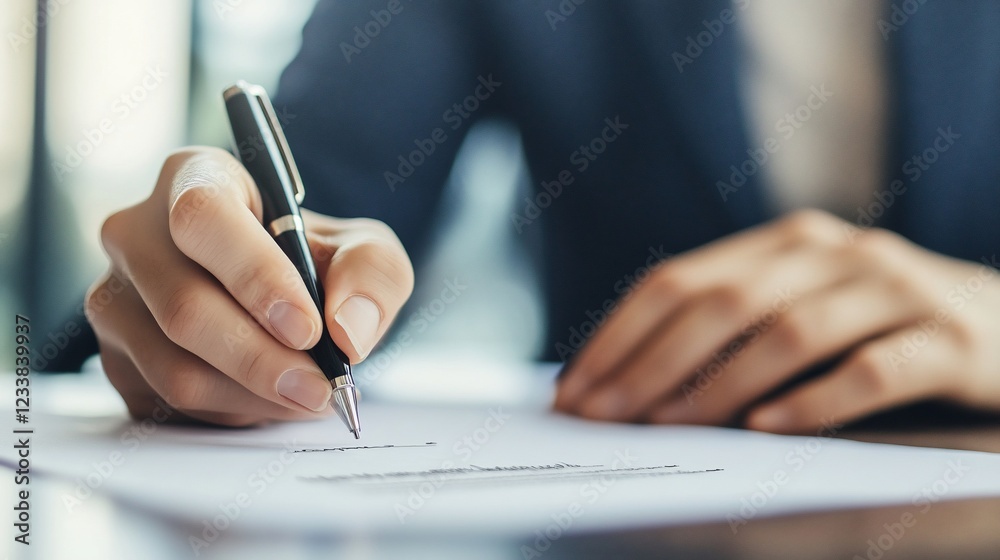 Close up of a hand signing a document with a black pen on a white surface