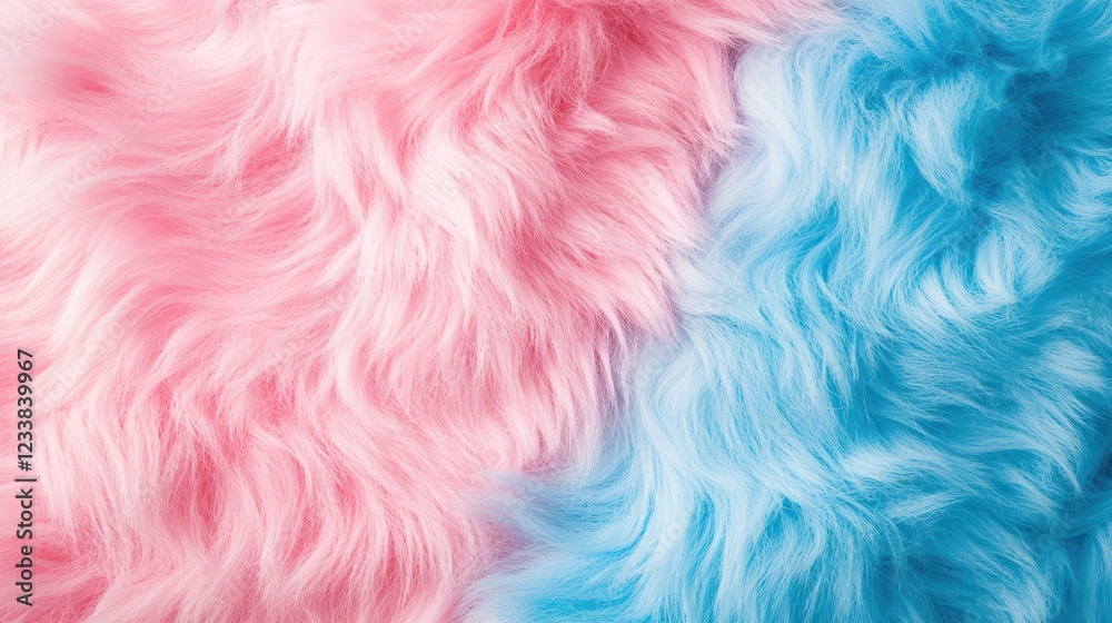 Soft and fluffy eco fur background in baby pink and blue hues, resembling the light, airy texture of cotton candy wool.