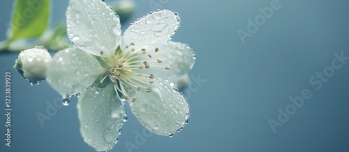 Close-up of a delicate white flower with water droplets on a soft blue background creating a serene and fresh morning atmosphere for text.