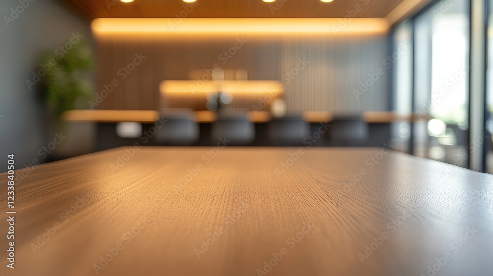 Modern office workspace with wooden desktop and blurred executive activities in the background providing ample empty space for text or graphics Modern office workspace with wooden desktop and blurred executive activities in the background providing ample empty space for text or graphics