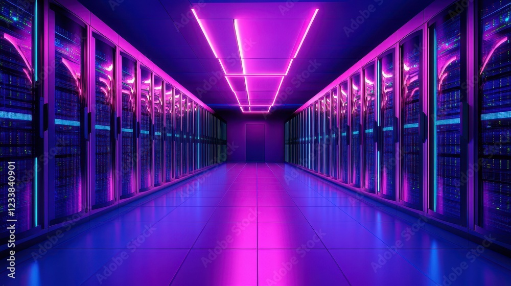 Fototapeta premium The futuristic interior of a modern data center, featuring rows of servers illuminated by cool neon lights.
