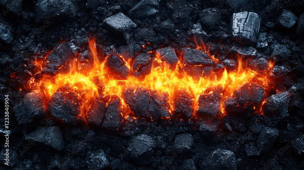 Top view of glowing charcoal in a barbecue grill with vibrant flames creating a captivating, fiery texture on a dark background Top view of glowing charcoal in a barbecue grill with vibrant flames creating a captivating, fiery texture on a dark background