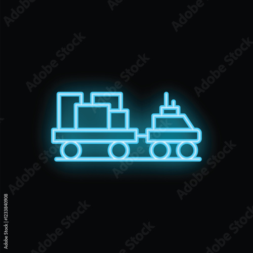 Glowing neon blue icon of a self driving vehicle transporting cargo on rails, isolated on a black background