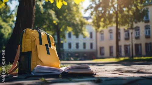 Backpack with college textbooks in university courtyard surrounded by trees showcasing education and student life in vibrant campus setting photo