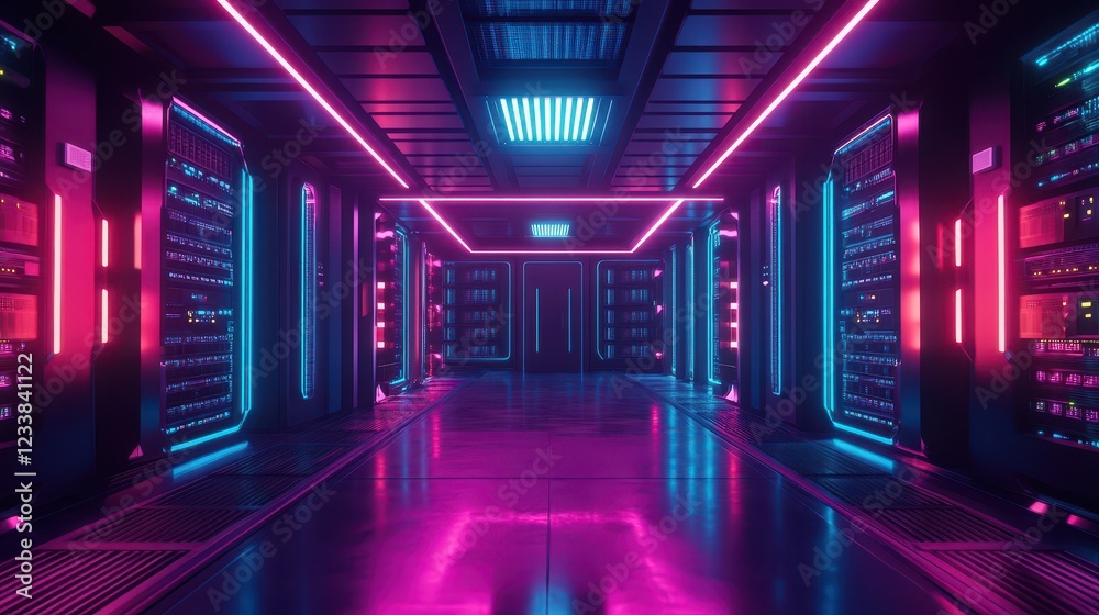 The futuristic interior of a modern data center, featuring rows of servers illuminated by cool neon lights. The futuristic interior of a modern data center, featuring rows of servers illuminated by cool neon lights.