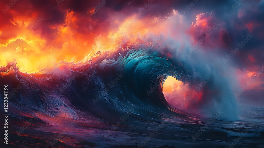 Fototapeta premium Fiery sunset ocean wave, dramatic sky, fantasy art, background, design