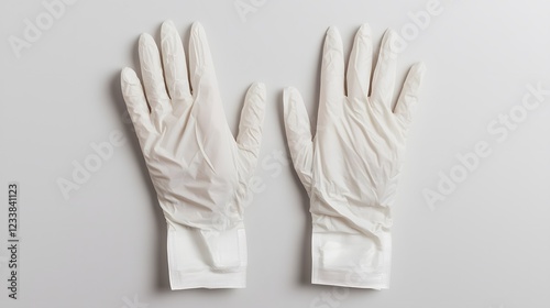 A pair of white disposable gloves laid flat against a light background, symbolizing hygiene and protection.