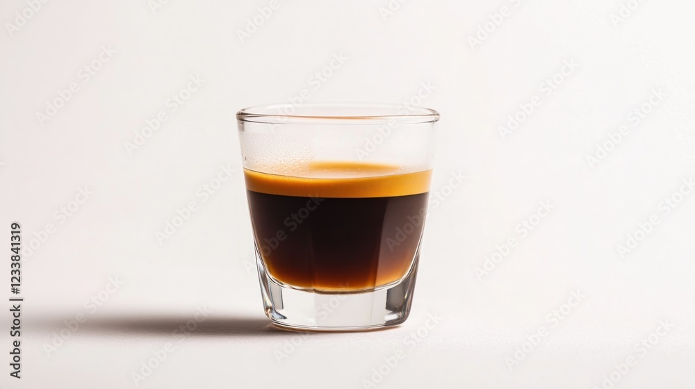 A single shot of espresso in a glass cup, presented against a pure white background A single shot of espresso in a glass cup, presented against a pure white background