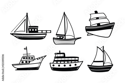 Collection of various boats and ships line art, nautical transport illustration on white background