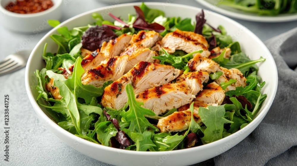 Wholemeal pasta salad with grilled chicken and mixed greens in a modern white bowl served on a light background Wholemeal pasta salad with grilled chicken and mixed greens in a modern white bowl served on a light background