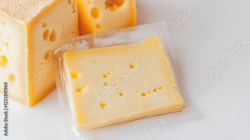 A close-up of yellow cheese, featuring both a block and a slice in packaging, highlighting its texture and holes.