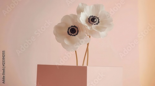 Two white anemone flowers elegantly arranged in a peach fuzz color vase against a minimal background. photo