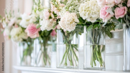 Elegant tall glass vases with fresh flowers on a white mantel creating a serene and inviting atmosphere for home decor or event styling.