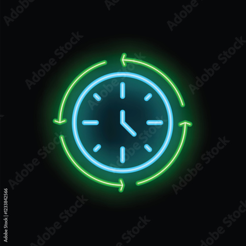 Blue neon clock with green arrows spinning around representing the concept of time passing