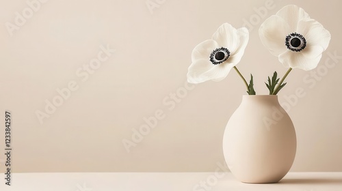 Two white anemone flowers elegantly arranged in a peach fuzz color vase against a minimal background. photo