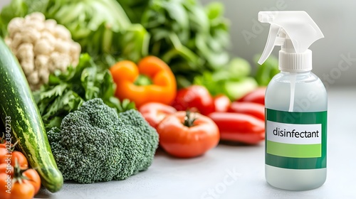 A spray bottle of disinfectant is placed beside fresh vegetables, emphasizing cleanliness and hygiene in food preparation.