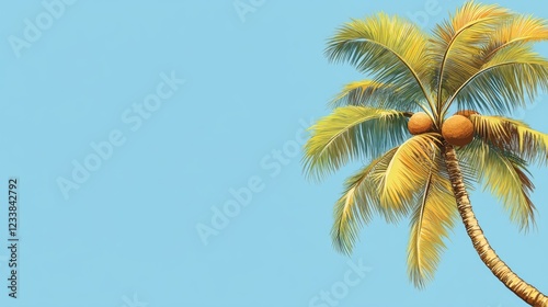 Tropical palm tree with ripe coconuts against a serene blue sky featuring ample negative space for customizable text or graphics photo