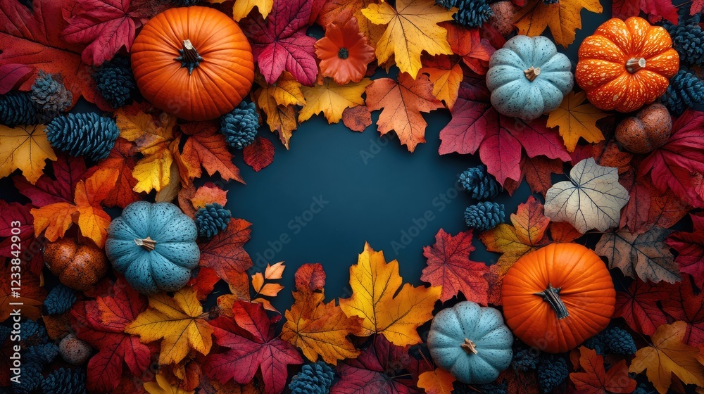 Fototapeta premium Autumn flat lay featuring colorful pumpkins and vibrant leaves for Halloween and Thanksgiving celebrations