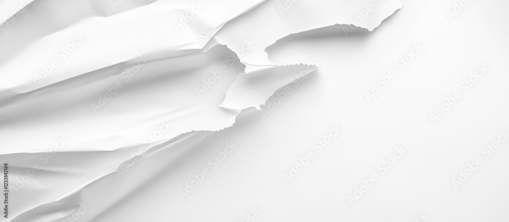 Obraz premium Crumpled white paper bag with cut handle on a plain white background ideal for showcasing product or promotional text space