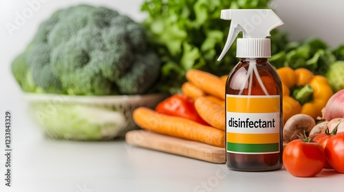 A spray bottle of disinfectant sits next to fresh vegetables, highlighting the importance of cleanliness in food preparation.