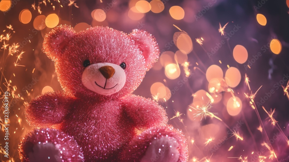 Pink teddy bear illuminated by sparkling fireworks and vibrant bokeh lights creating a dreamy atmosphere with space for personalized text. Pink teddy bear illuminated by sparkling fireworks and vibrant bokeh lights creating a dreamy atmosphere with space for personalized text.