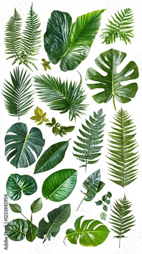 Assorted green leaves of various tropical plants on a white background in a flat lay style