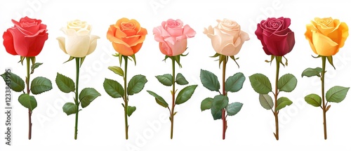 Fototapeta Naklejka Na Ścianę i Meble -  Seven colorful rose flowers with green leaves on long stems isolated against a white background
